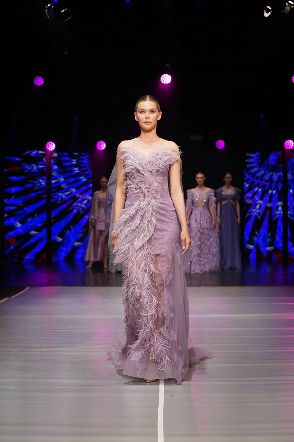 Lilac feather lace gown