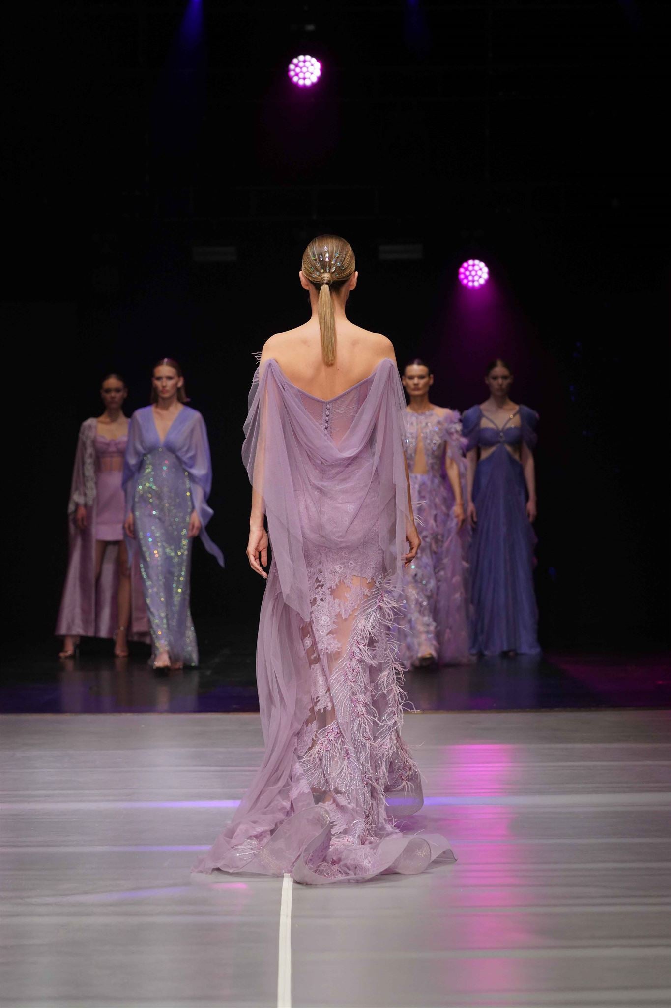 Lilac feather lace gown