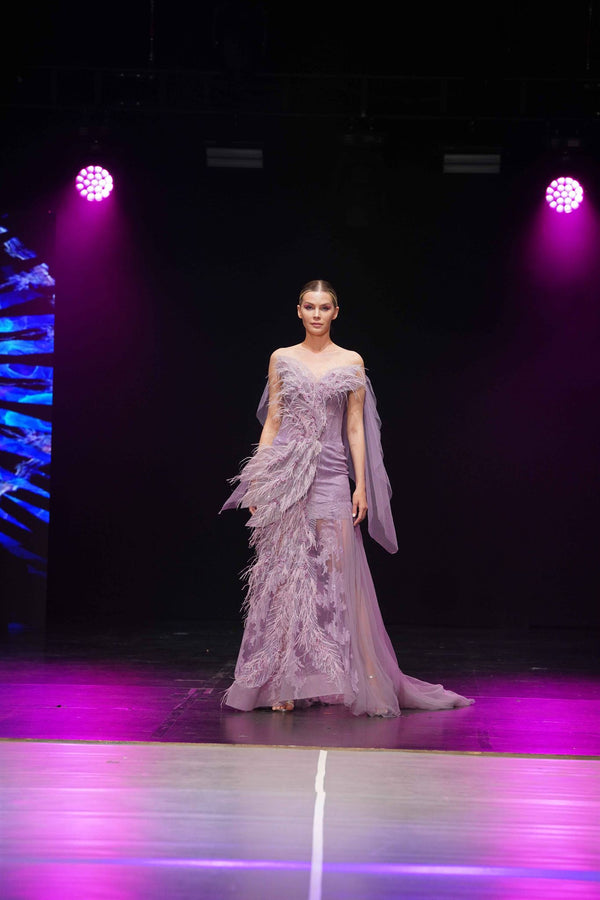 Lilac feather lace gown