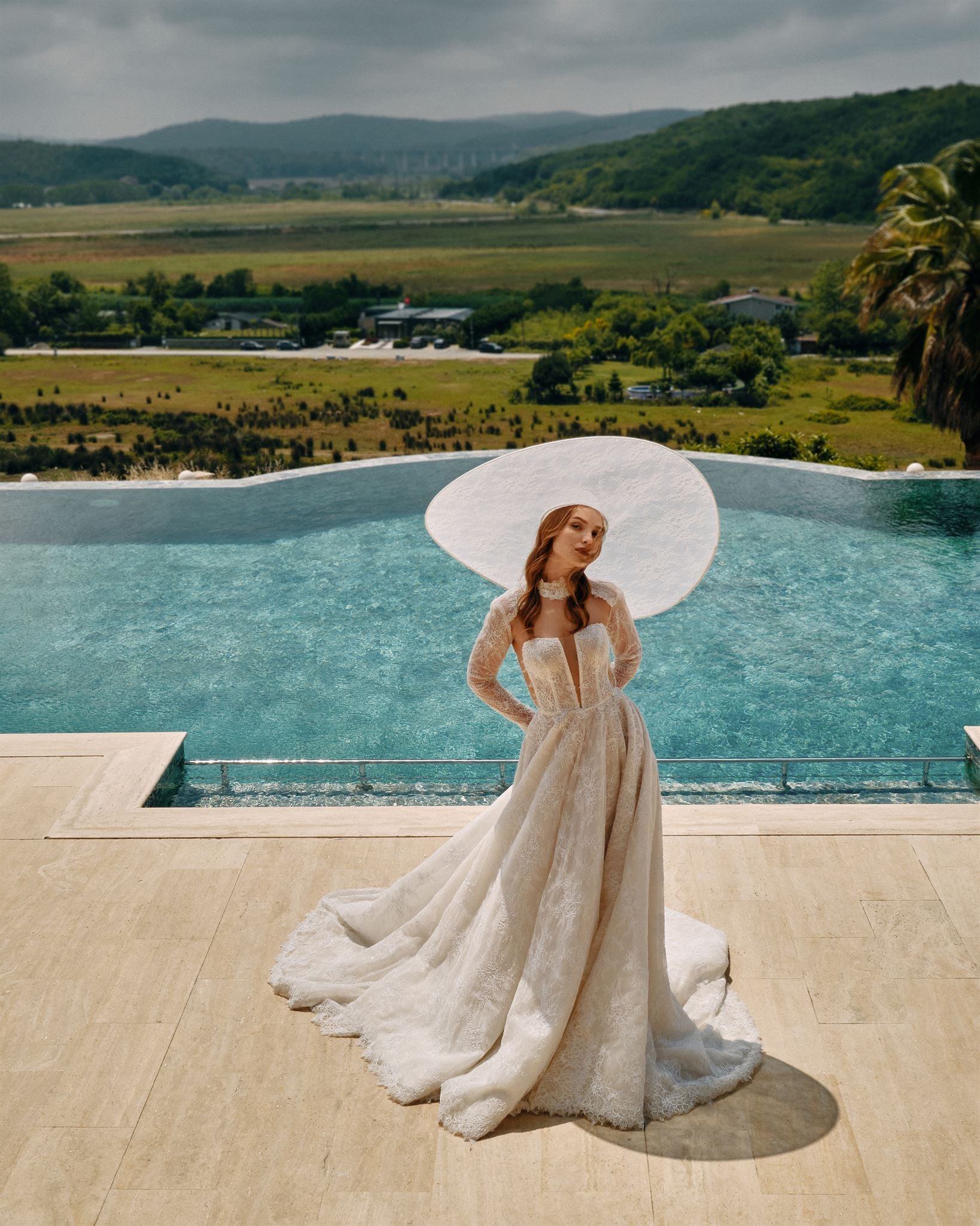 Lace A-line gown with detachable sleeves