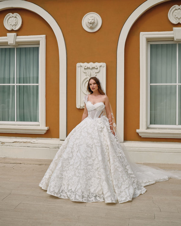 Appliquéd tulle A-line couture gown