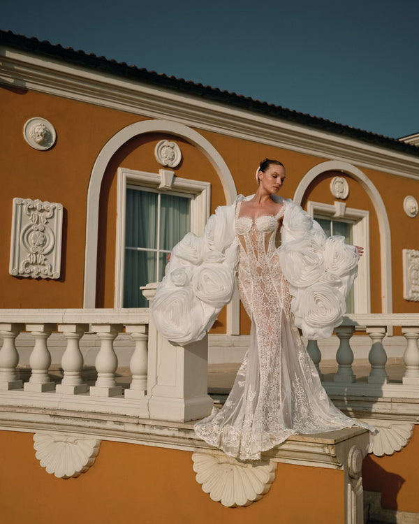 Organza and lace-tulle rosette sleeve gown
