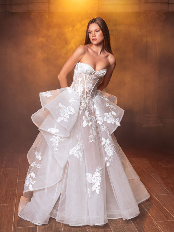 Strapless layered tulle gown