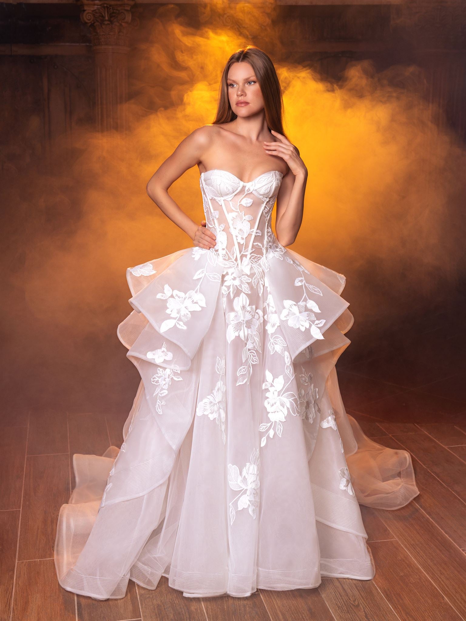 Strapless layered tulle gown