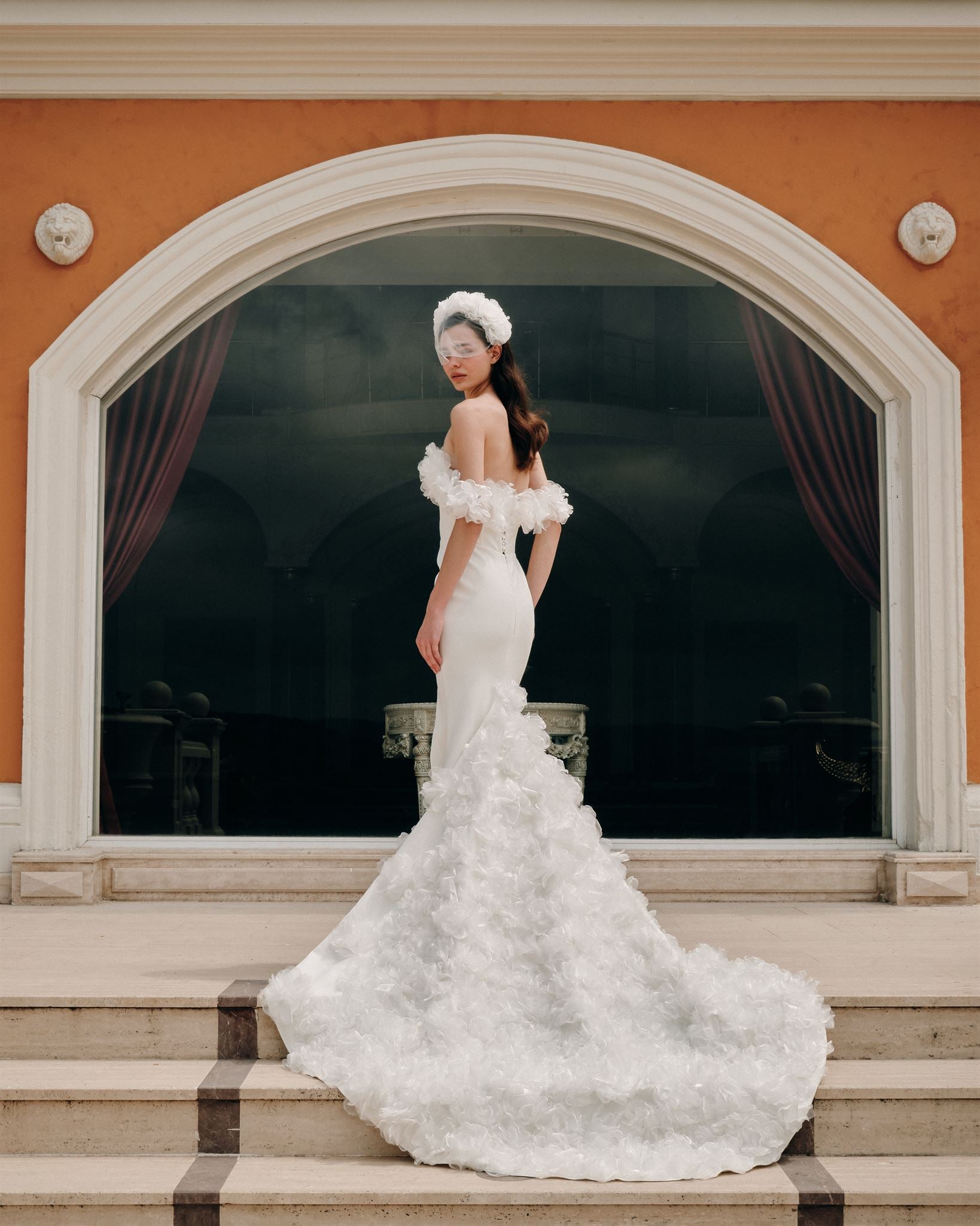 Satin off-the-shoulder floral gown