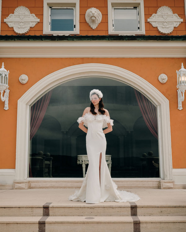 Satin off-the-shoulder floral gown