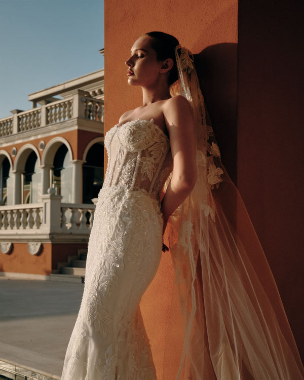 Floral appliqué mermaid gown