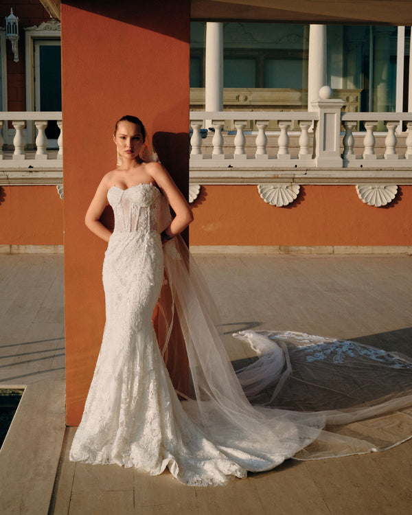 Floral appliqué mermaid gown