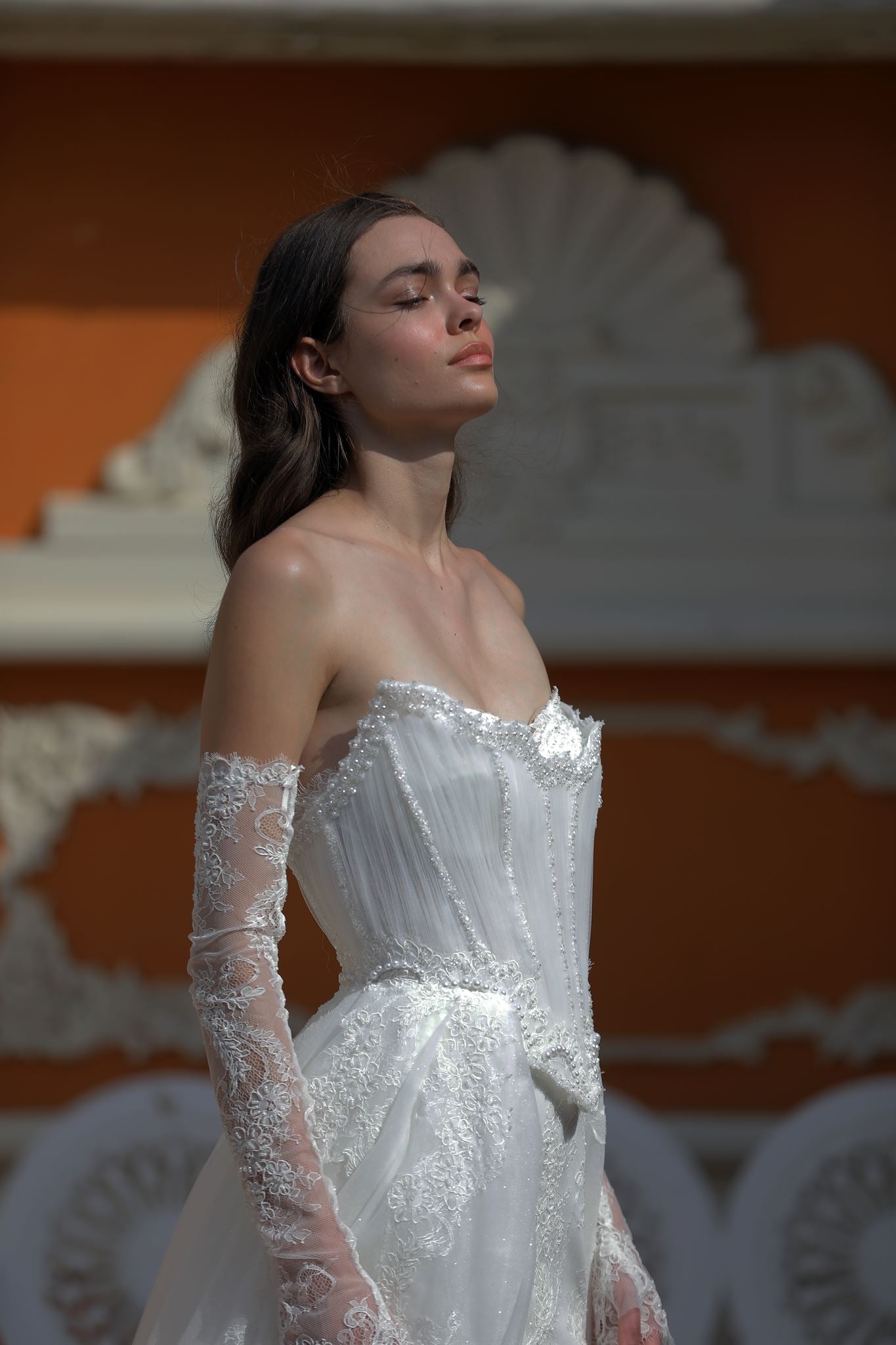 Corset gown with gloves and overskirt