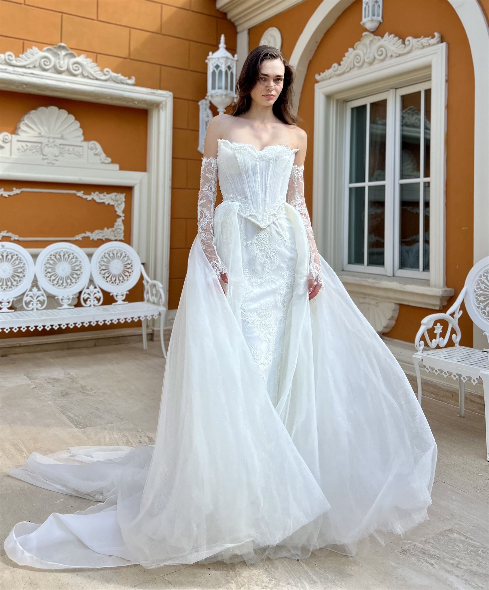 Corset gown with gloves and overskirt