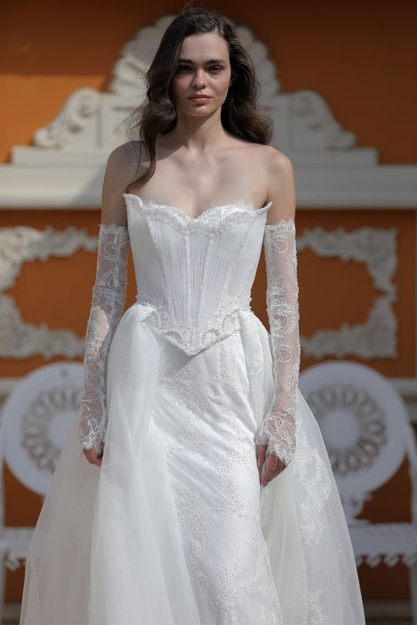 Corset gown with gloves and overskirt