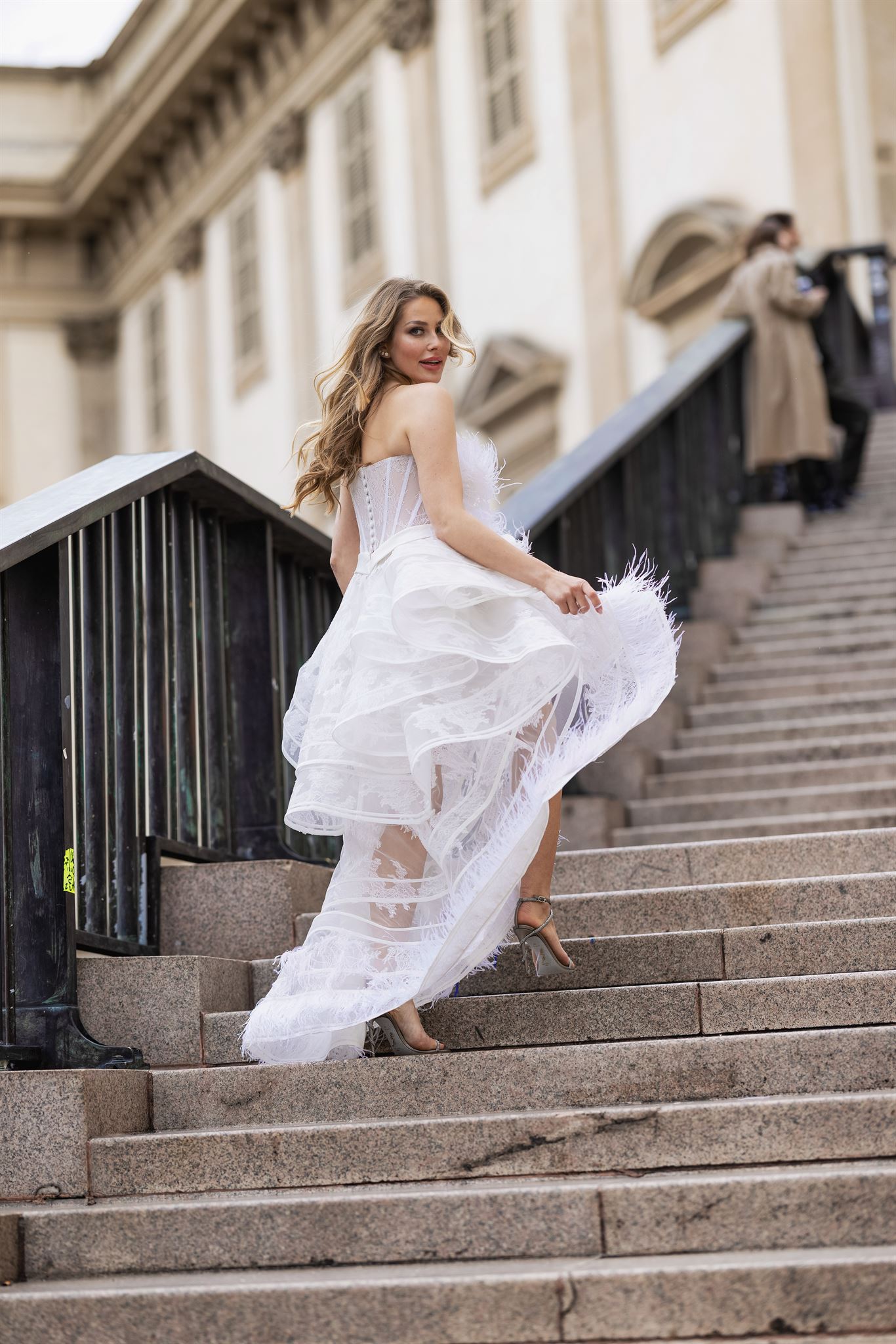 High-low feathered tulle and lace gown