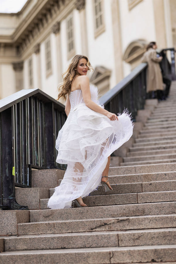 High-low feathered tulle and lace gown
