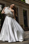 One-shoulder feathered satin A-line gown - 2
