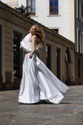 One-shoulder feathered satin A-line gown - 3