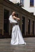 One-shoulder feathered satin A-line gown - 4