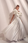 One-shoulder feathered satin A-line gown - 6