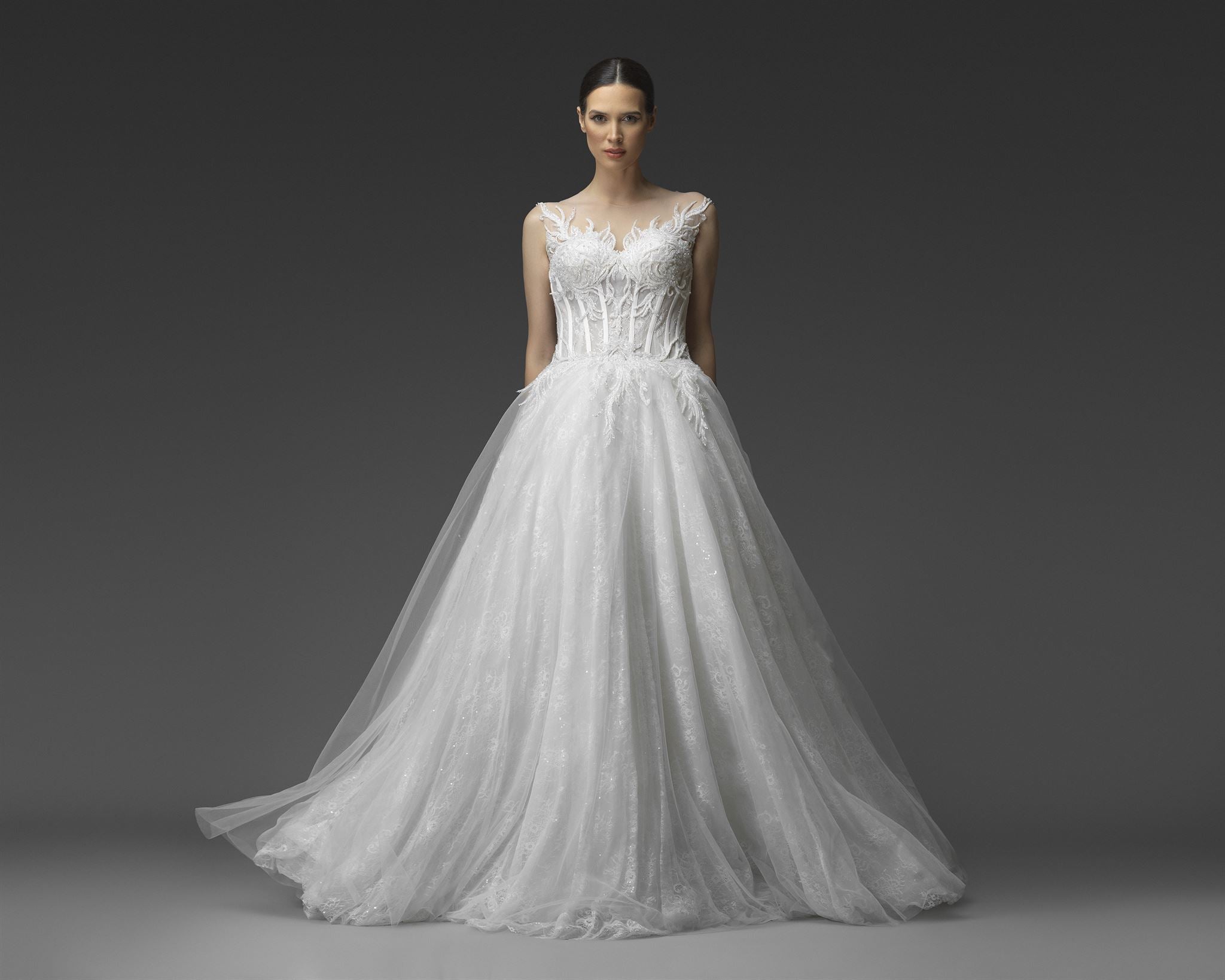 Sheer corset layered tulle A-line gown