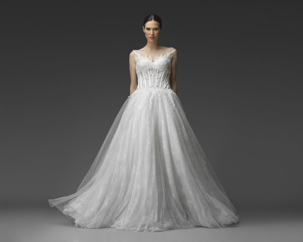 Sheer corset layered tulle A-line gown