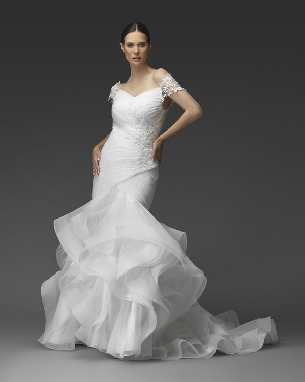 Ruched tulle and organza ruffle mermaid gown