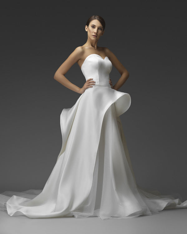 Satin A-line gown with draped overskirt