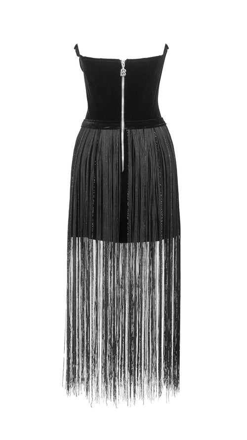 Black velvet floral fringe gown