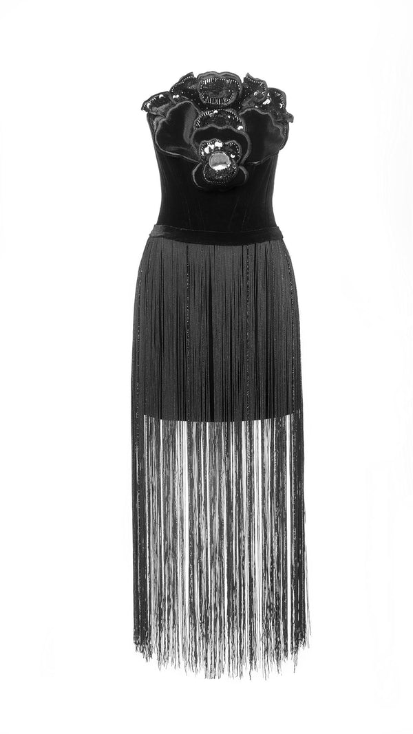 Black velvet floral fringe gown