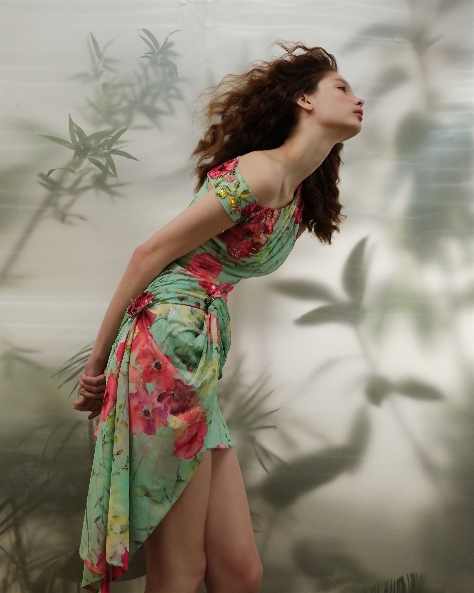 Mint floral draped mini dress