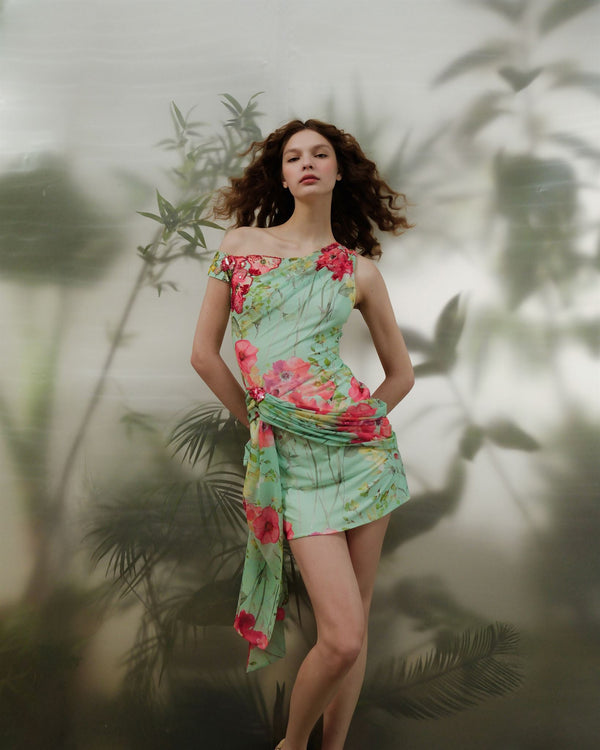 Mint floral draped mini dress