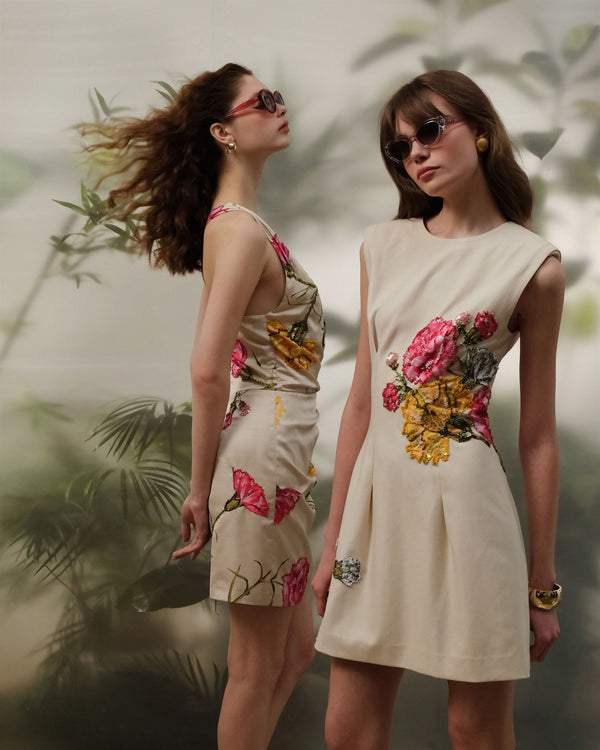 Ivory floral embroidered A-line mini