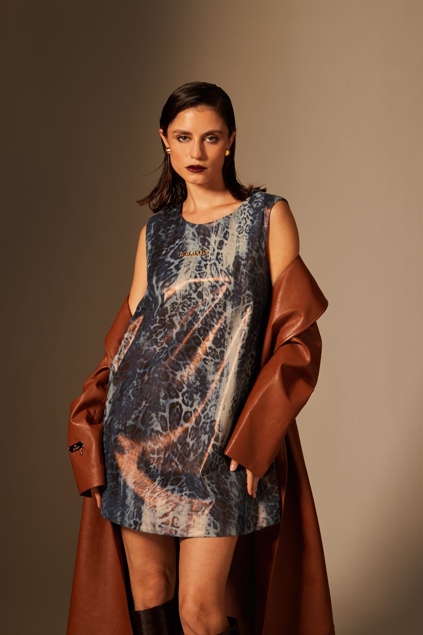 Printed leather A-line mini dress