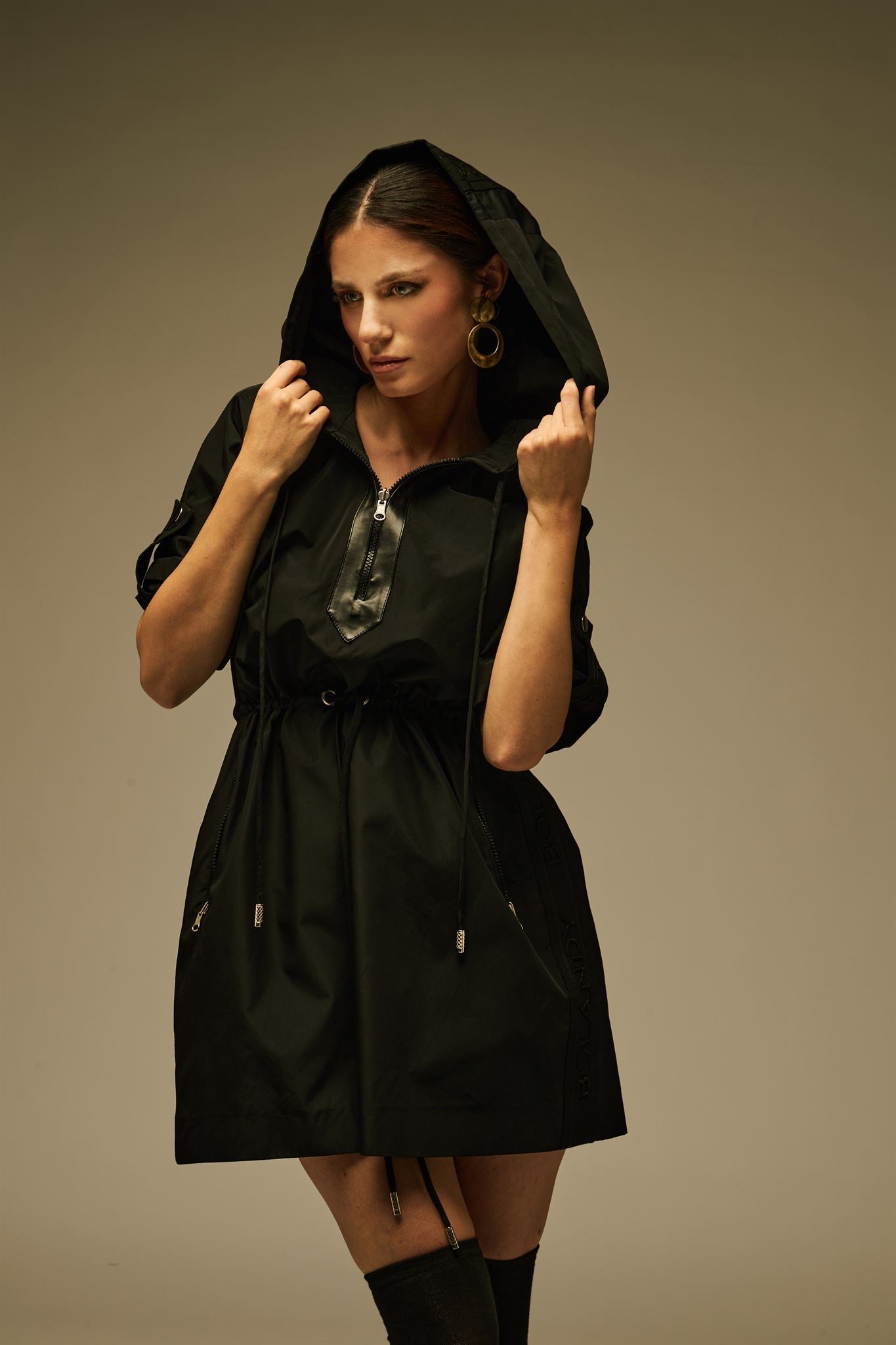 Black hooded utility mini dress