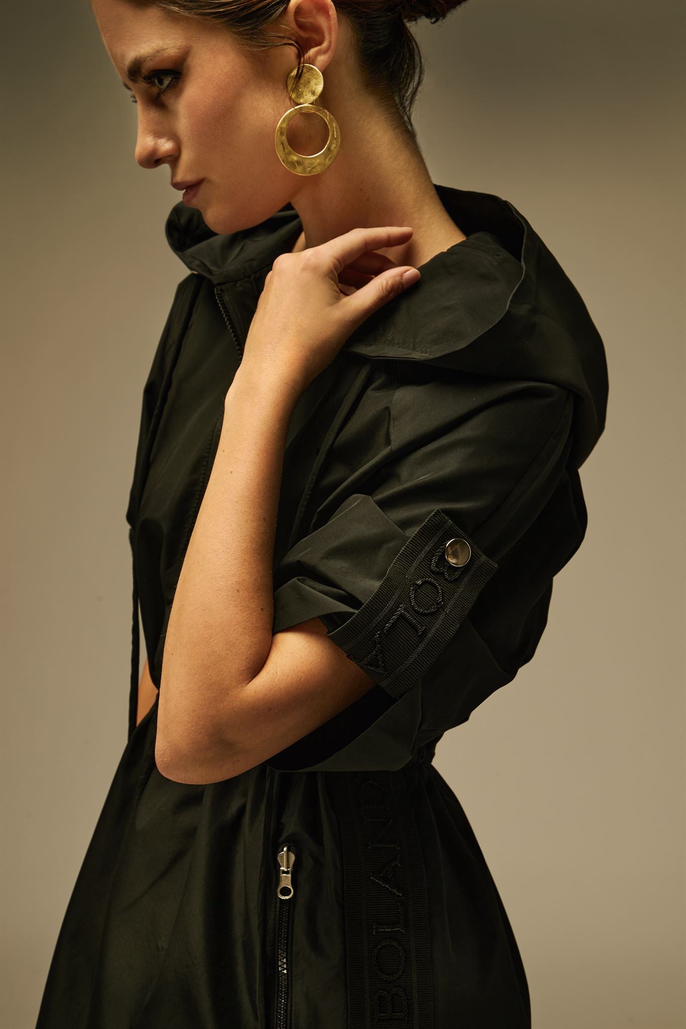 Black hooded utility mini dress