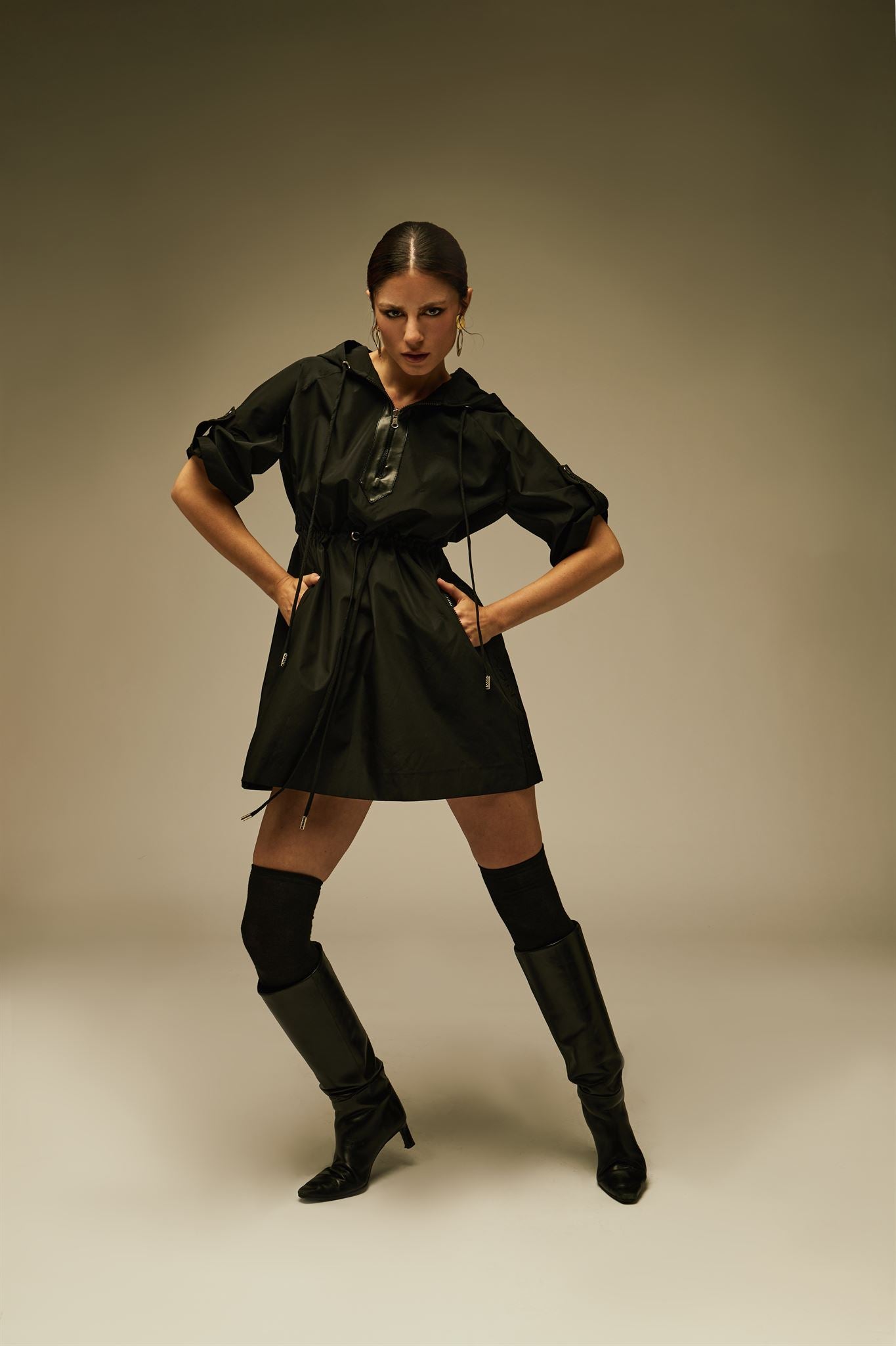 Black hooded utility mini dress