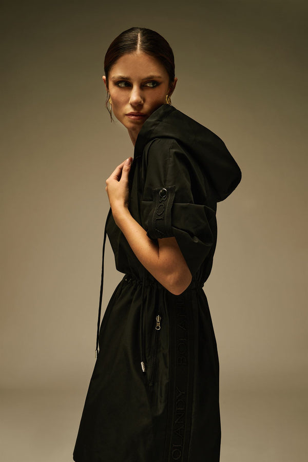 Black hooded utility mini dress