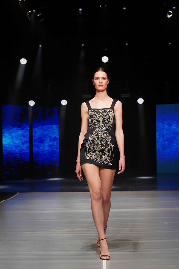 Black jewelry-embellished mini dress