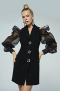 Black organza-sleeve lapel mini - 2