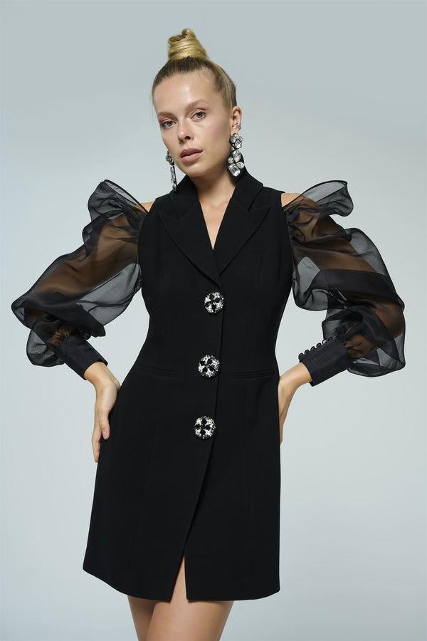 Black organza-sleeve lapel mini