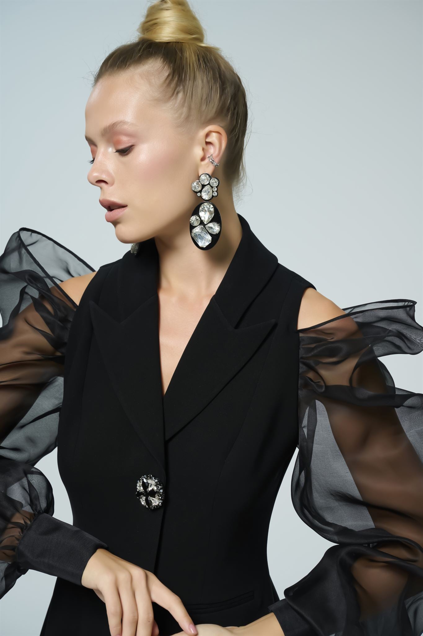 Black organza-sleeve lapel mini