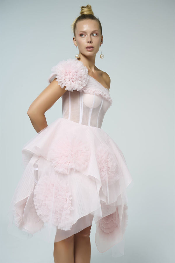 One-shoulder floral tulle mini