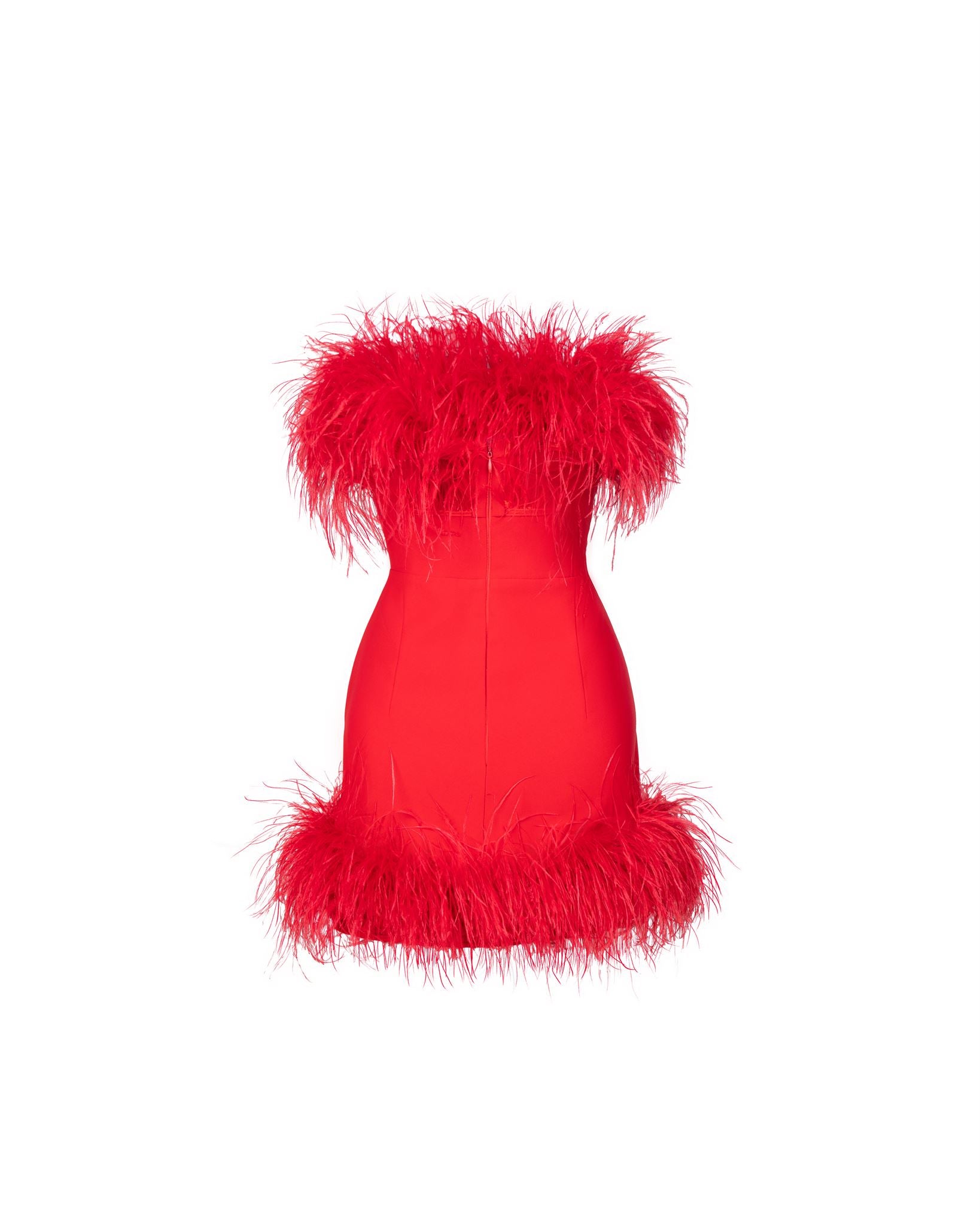 Red feather-trim strapless mini