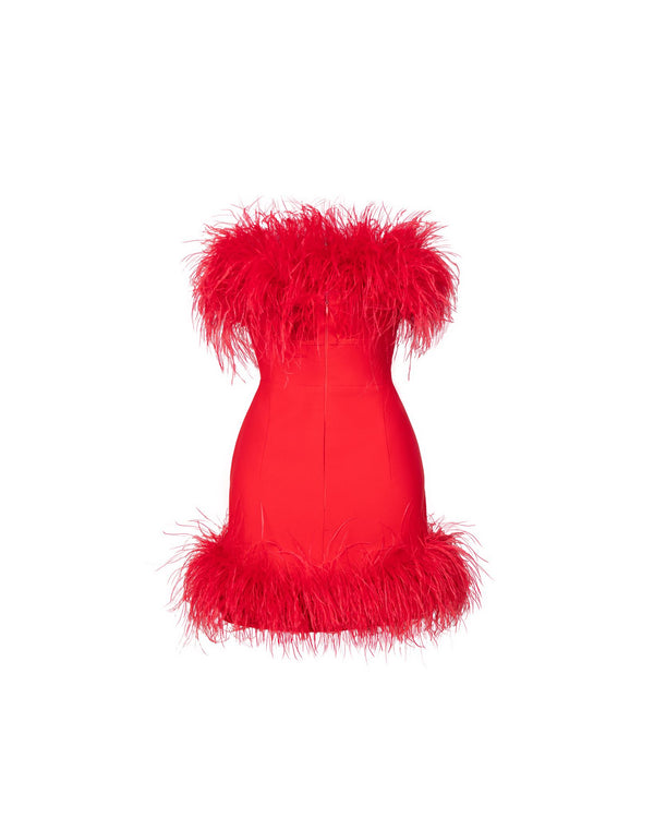 Red feather-trim strapless mini