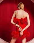 Red feather-trim strapless mini - 4