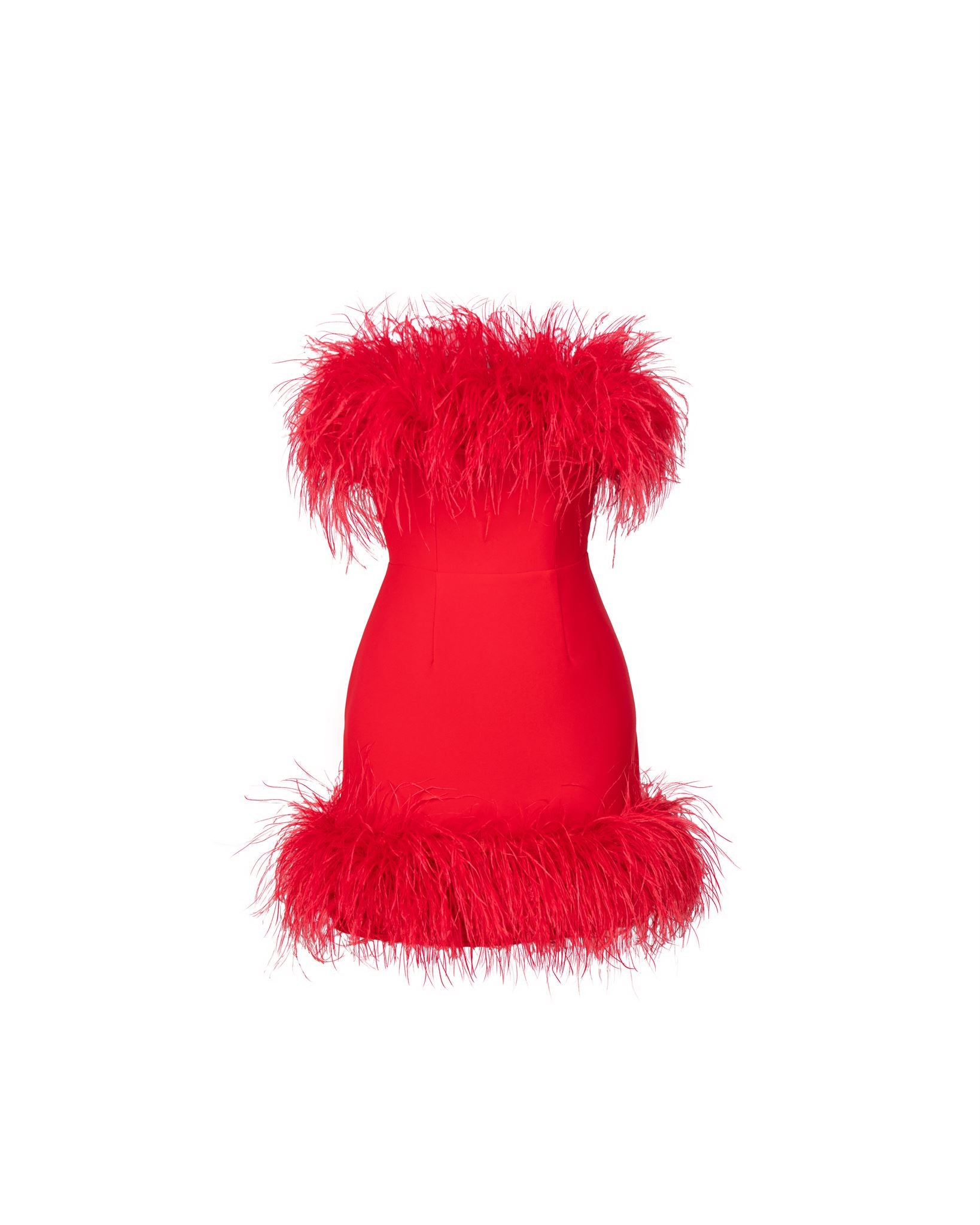Red feather-trim strapless mini