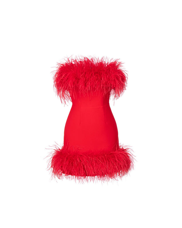 Red feather-trim strapless mini