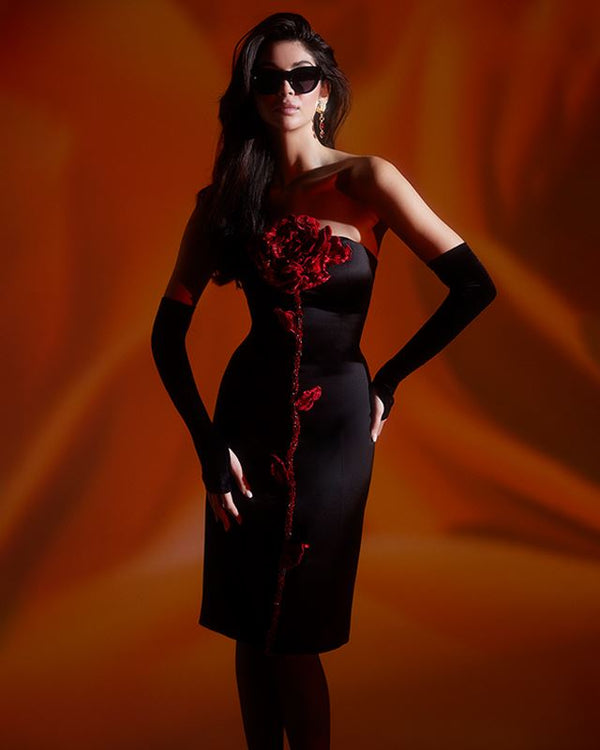 Strapless 3D flower midi dress