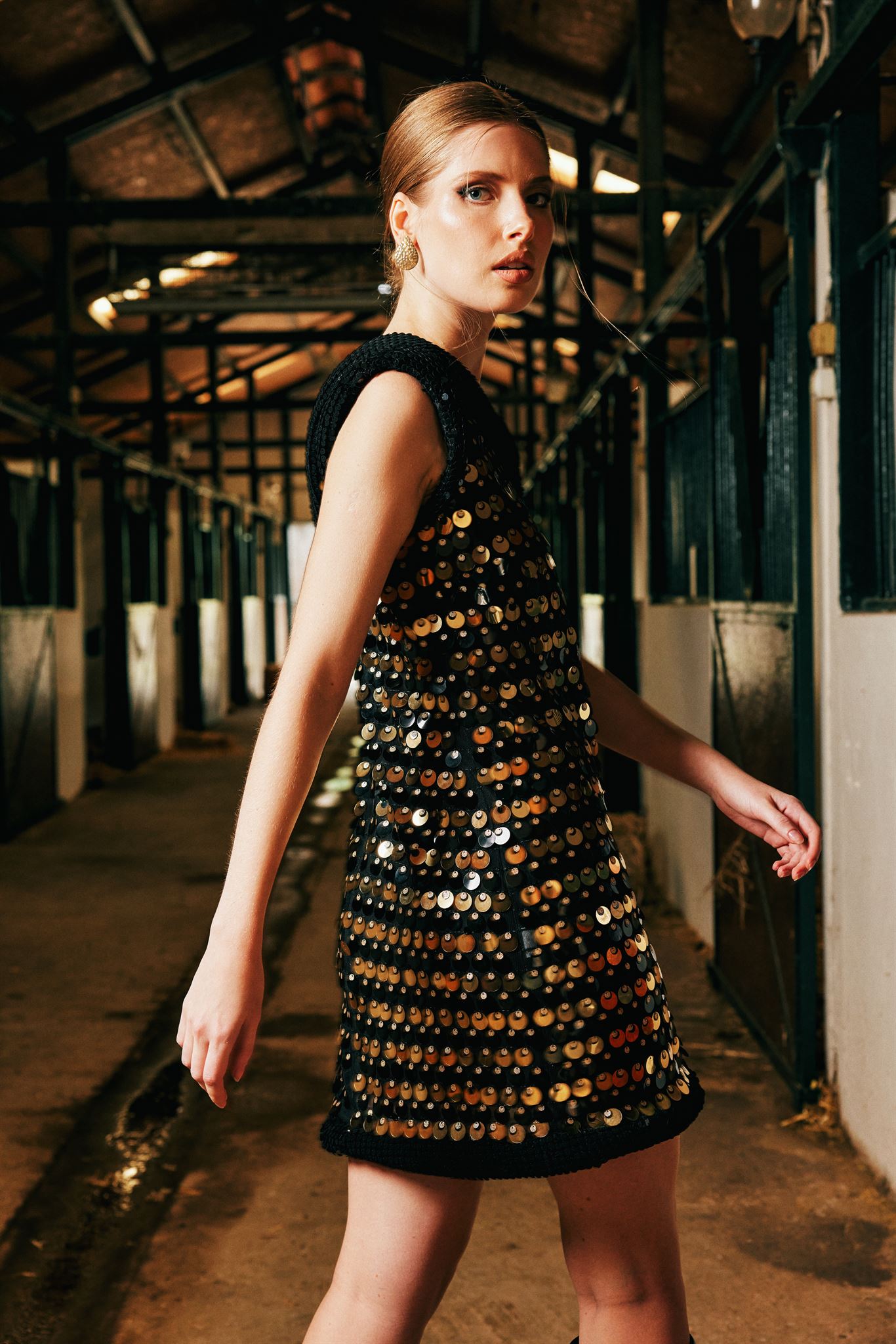 Metallic sequin V-neck mini
