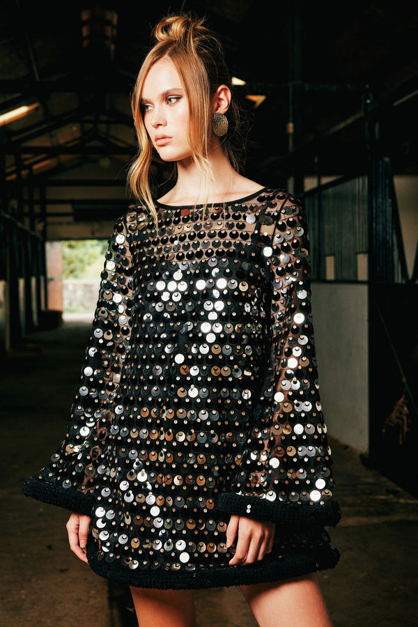 Metallic sequin bell-sleeve mini