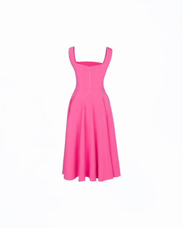 Crystal-fringe brooch pleated midi