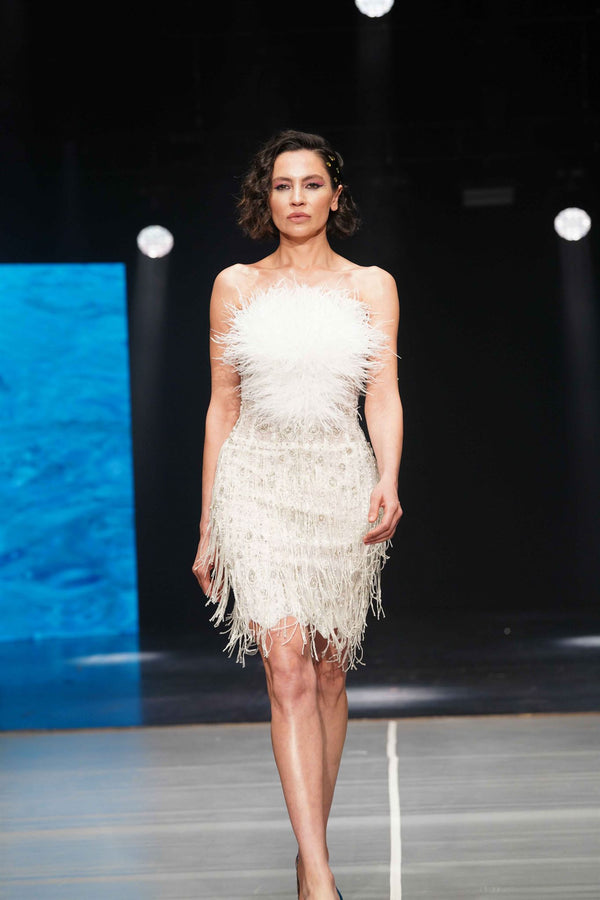 Feathered embellished strapless mini